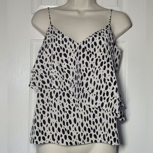 J.Crew 100% Silk Ivory Chic Boho Cami Top Ruffle Trim Black Leopard print 0P